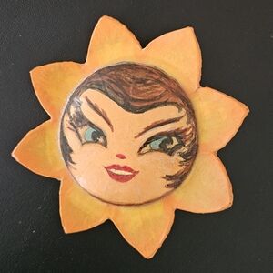 Vintage Hand-Painted Sunflower Face Brooch